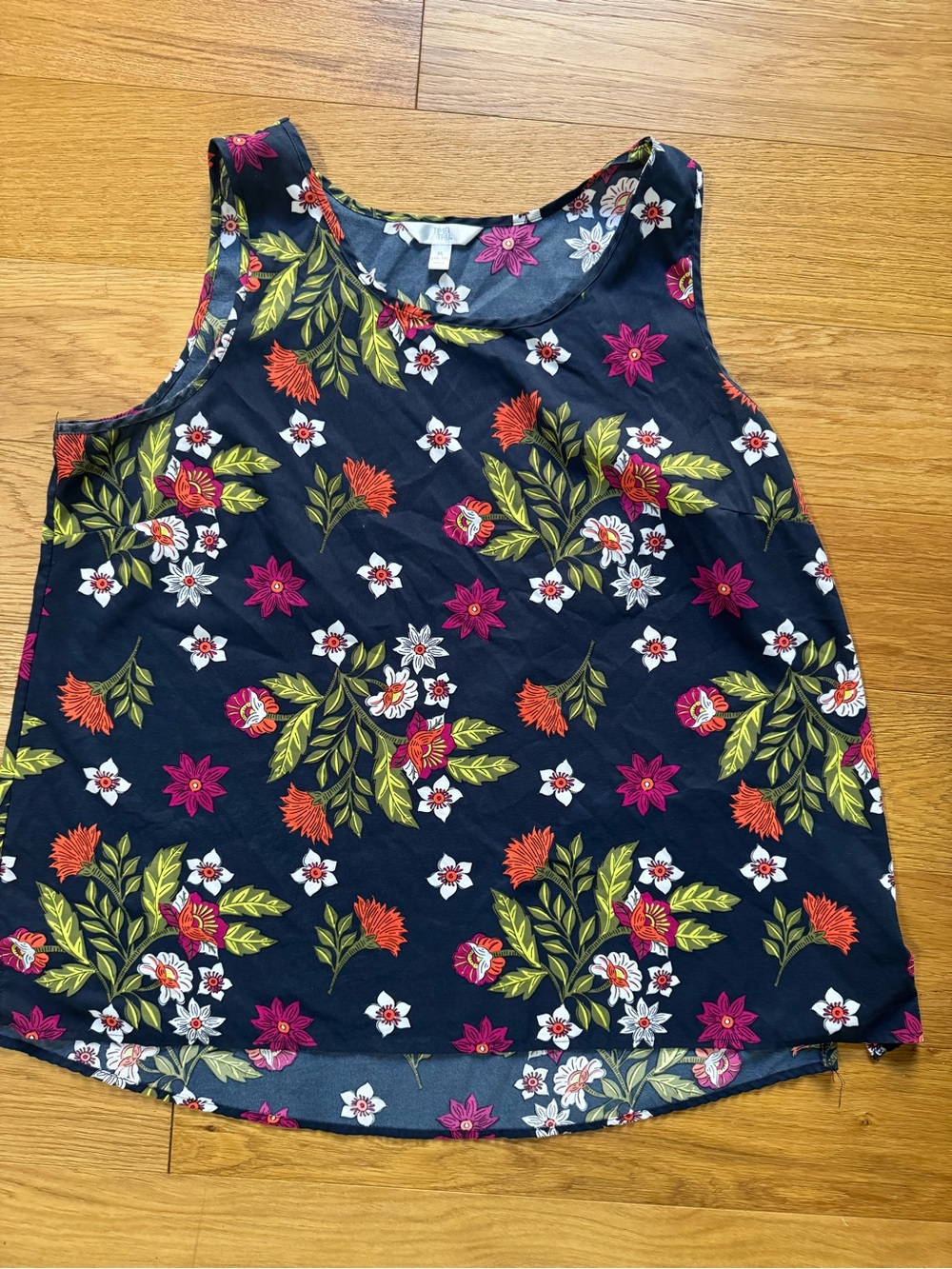 Time and Tru Navy Floral Tank Top with Pink and Orange Blooms